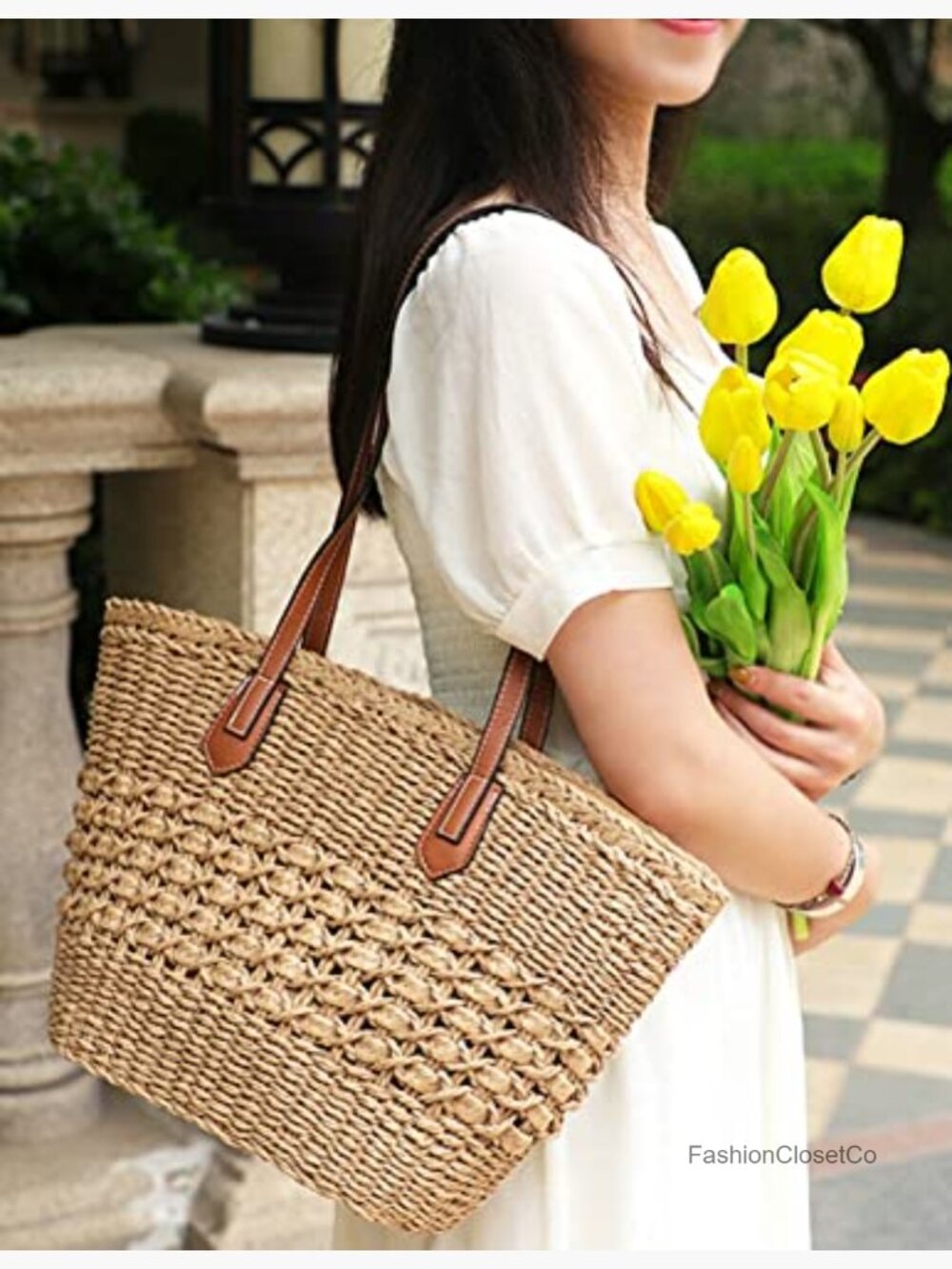 Straw Woven Tote Bag Large Summer Beach Handbag Top Handle Shoulder Bag - Picture 2 of 7